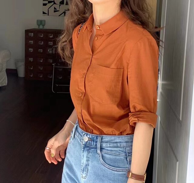 Japanese Style Spring and Summer New Product, Simple Classic Pure Cotton Small Lapel Straight Versatile Colorful Women's Shirt Long-Sleeved Blouse