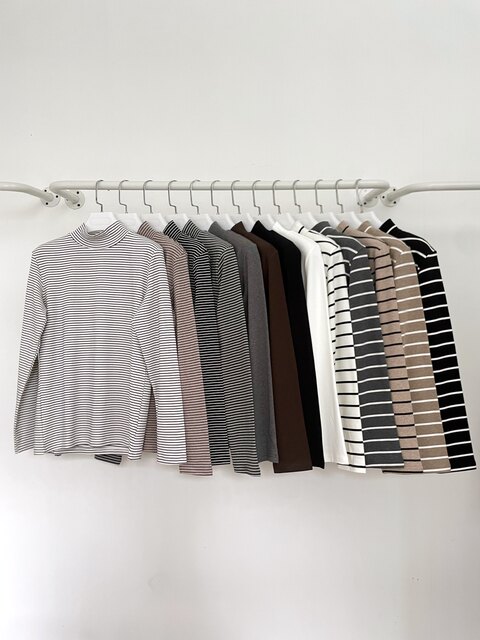 Japanese Order Autumn and Winter Simple Versatile High-Neck Striped Solid Color Stretchy Slim-Fit Women's T-Shirt Base Knit