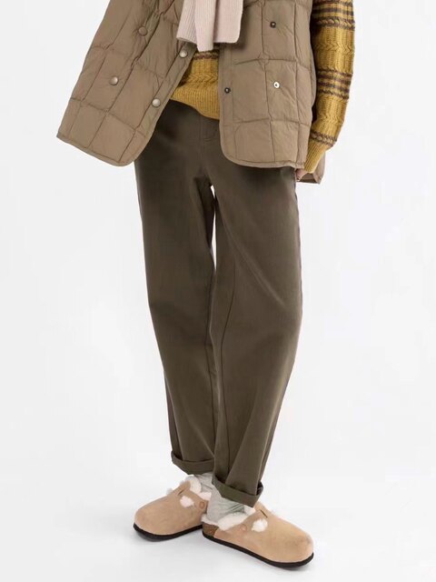 Japanese Order Autumn and Winter New Product Simple Classic High-Waisted Twill Brushed Thickened Elastic Waist Women's Casual Pants Carrot Style