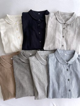 Japanese Order Autumn and Winter Simple Retro Mandarin Collar Doll Stripe Double-Layer Gauze Solid Color Women's Shirt Long-Sleeved Blouse