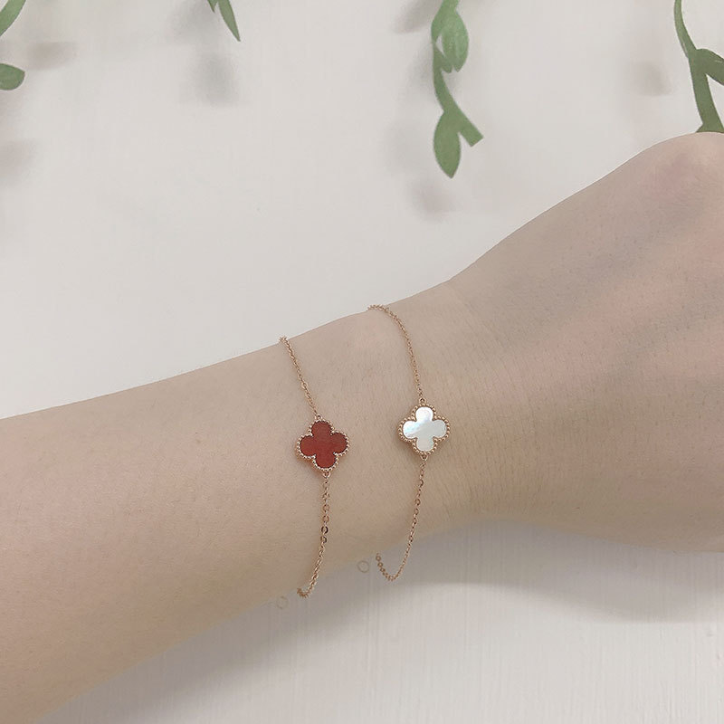 Four-Leaf Clover Single Flower Bracelet for Women 18K Gold Bracelet Rose Gold Yellow Gold Red Lucky Clover Agate Stone Au750
