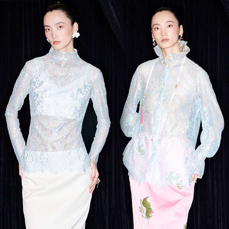 M Essential Ma Kai White Lace Ruffled Straight Shirt Long-Sleeved Top