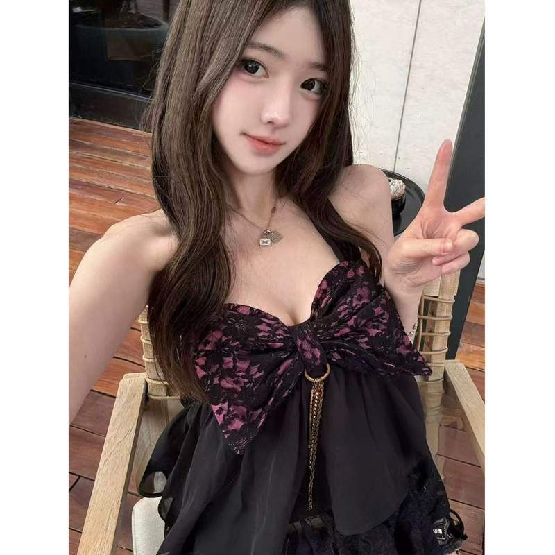 【Xiaoyu's Island】Ji-Style Halter Neck Tie Bow Lace Camisole Sweet Vacation Style Spicy Girl Sleeveless Top
