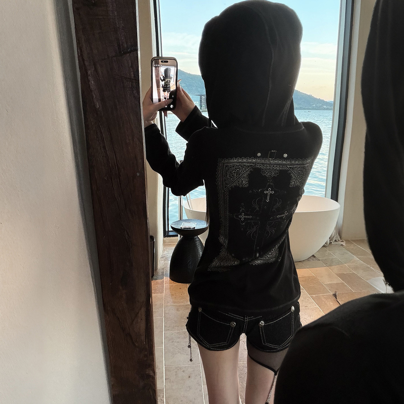 【Xiaoyu's Island】Vintage Dark Style Double-Layered Collar Cross Print Embroidered Hooded Slim-Fit Long-Sleeve Top