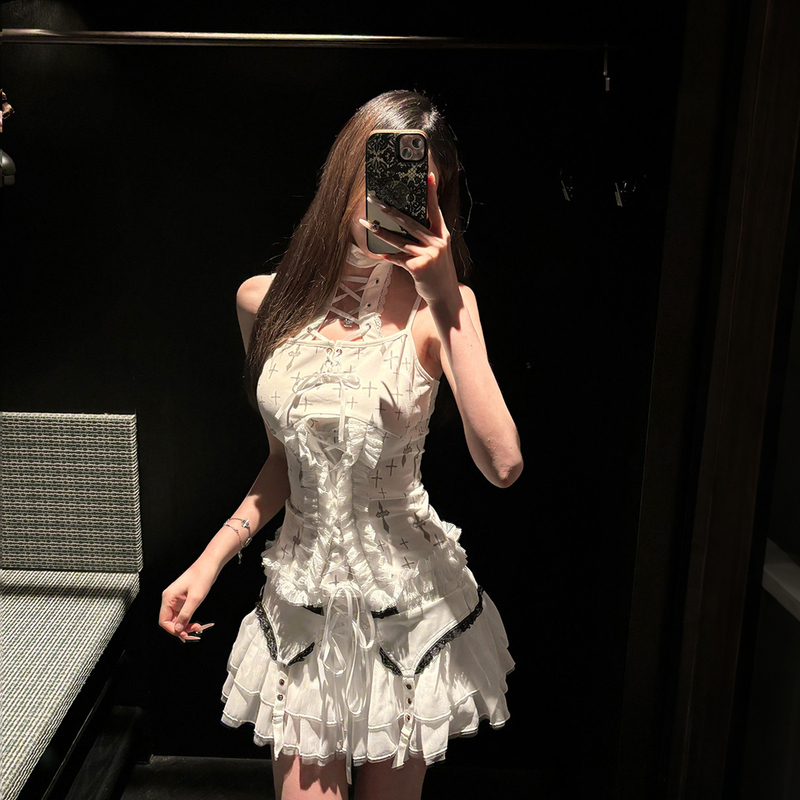 【Little Rain's Island】Subculture Dark Gothic Cross Print Black and White Two-Tone Halter Neck Bow Tie Camisole for Women
