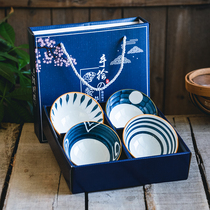 Japanese hand-painted tableware set tableware household gift Bowl set ceramic dish set blue and white porcelain bowl gift box