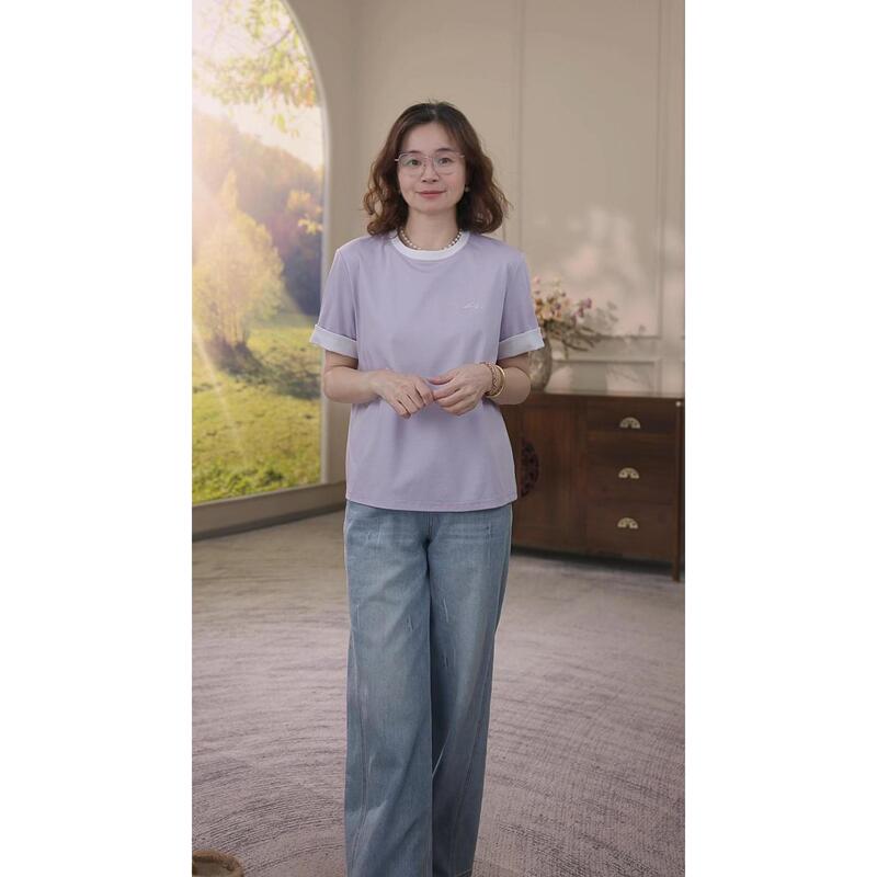 【F·J】Mulberry Silk Cotton Women's New Summer Breathable Short-Sleeved Color-Block T-Shirt Top Fj6019 【F·J】Mulberry Silk Cotton Women's New Summer Breathable Short-Sleeved Color-Block T-Shirt Top Fj6019