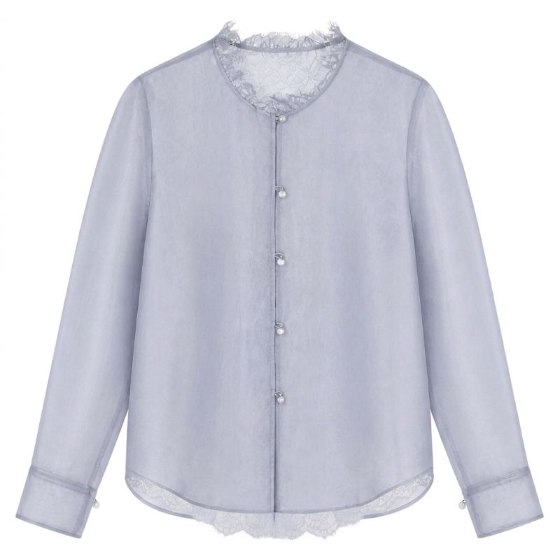 【F·J】Mulberry Silk Organza Elegant Lace Trim Women's Cardigan Top Fj6185