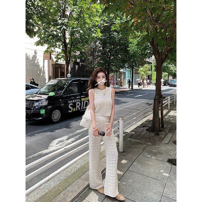7827 Hot Girl Show Style Heavy-Duty Hollow-Out Knitted Vest and Pants Set Summer New Luxury Ready-To-Wear Two-Piece Outfit