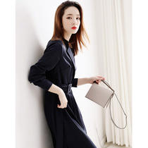 High quality navy blue spring and autumn acetic acid V-neck waist long-sleeved dress thin side split womens autumn and winter long section