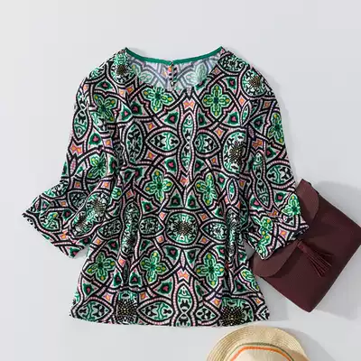 2020 Full of girly round neck lantern sleeves printed on French court summer bubble sleeves