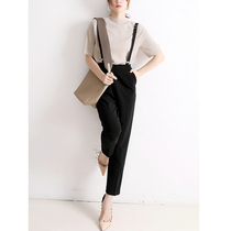 Second change high-end sense of Western style black bib pants Shoulder strap high waist loose age-reducing casual pants smoke pipe pants womens spring and autumn
