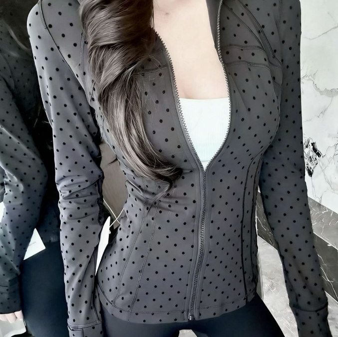 [High Quality] Black Polka Dot Slim Fit Sun Protection Yoga Jacket Sports Top Fitness Spring/Summer Outfit