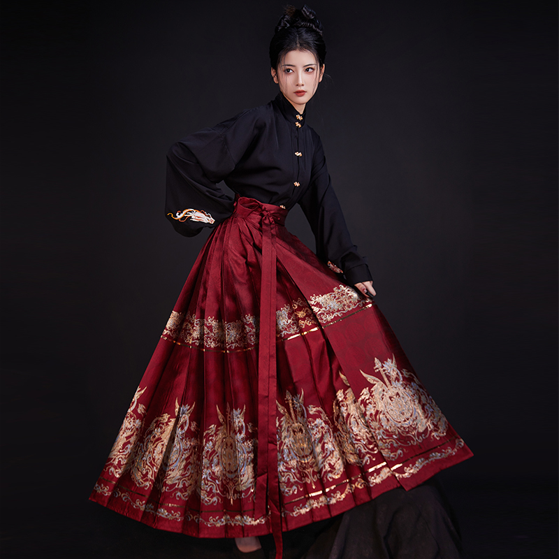 Ming Dynasty-Style Hanfu Red Mamian Skirt-Piece Set for Women [Flying Fairy Music] for Daily Commuting, Paired with a White Top and a Front-Buttoned Shirt