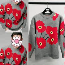 Fumbling Liu Dehua Tongan Red Flowers Embroidered grey New Years sweater round neckline outwear with loose men and women trendy
