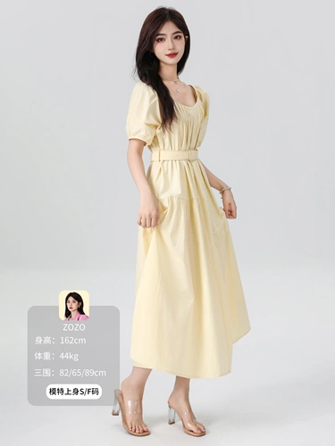 Желтое летнее платье, корсет, длинная длинная юбка, французский стиль, квадратный вырез, рукава фонарики, А-силуэт