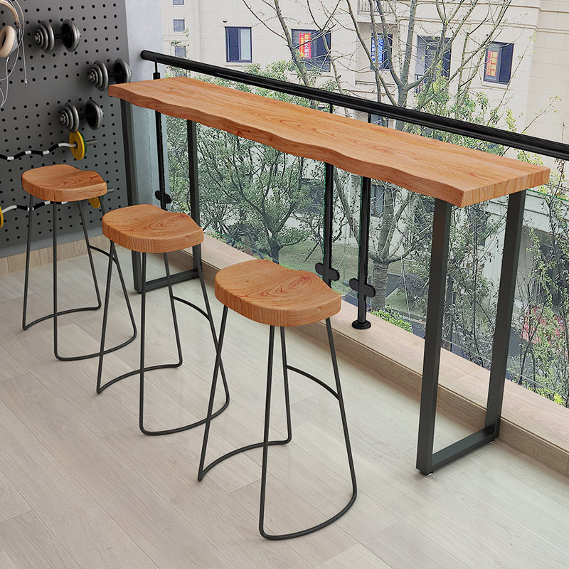 Nordic solid wood bar table home long table milk tea shop high feet table chair against wall narrow table bar iron bar table