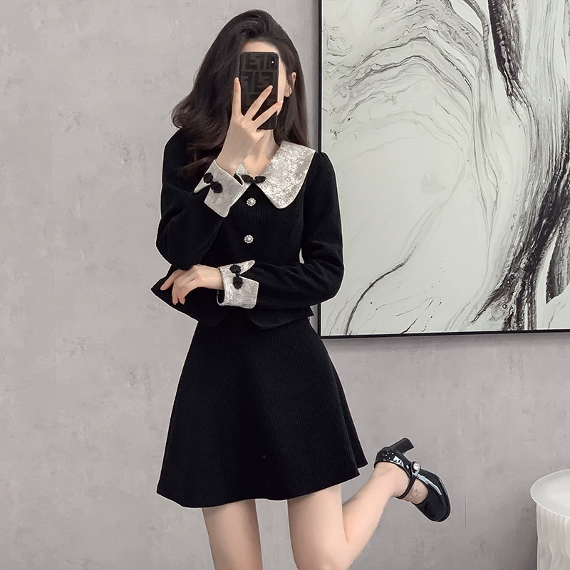 Elite black set, winter corduroy skirt, Chanel style, for teenagers, high-quality style