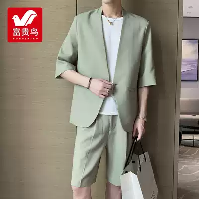 Rich bird collarless summer short sleeve suit men's suit youth Korean trend casual suit handsome and refreshing