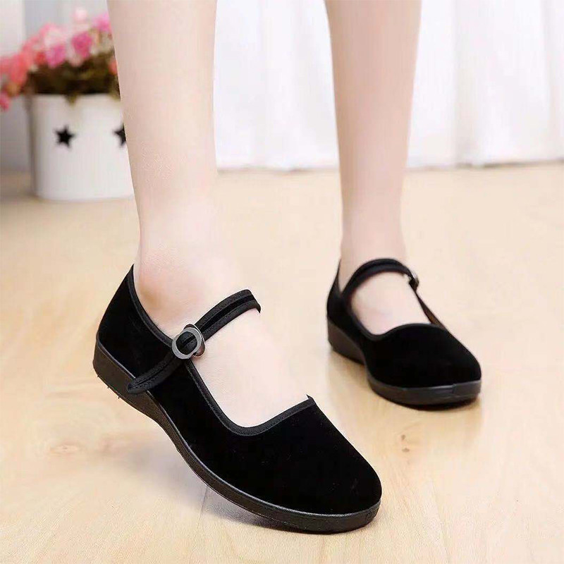 Old Beijing cloth shoes, women's work shoes, women's shoes, black one-strap flat shoes, mom shoes, comfortable soft-soled square dance shoes