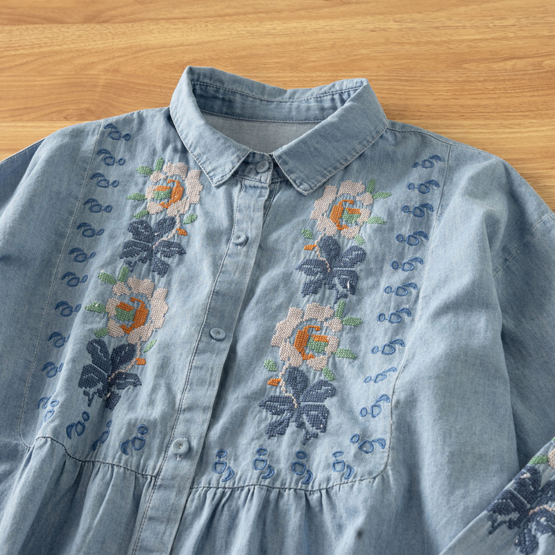 Vintage Floral Embroidered Denim Long-Sleeve Shirt for Women, 2025 Autumn New Style, Mori-Style Sweet Loose Versatile Top