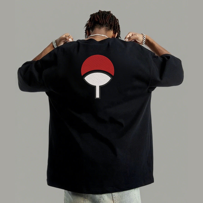 Uchiha Embroidered T-Shirt, Personalized Anime Oversized Top, 100% Pure Cotton Short-Sleeve, Summer Loose Fit, Trendy Naruto