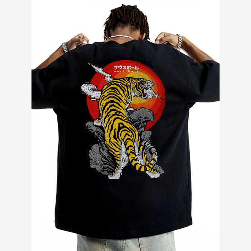 Four-Thread Double Yarn 400g Heavyweight Short-Sleeve Embroidered Tiger Tattoo T-Shirt for Men, Summer Pure Cotton Thick Small Collar