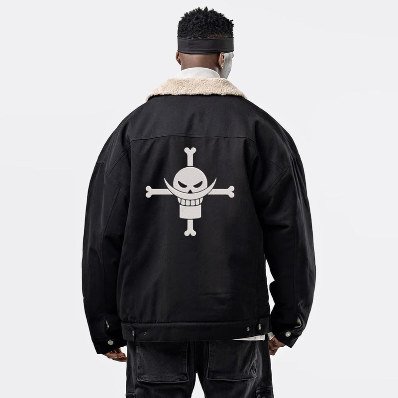 One Piece Whitebeard American-Style Embroidered Retro Lamb Wool Collar Jacket for Men, Autumn and Winter Loose Casual Skull Jacket One Piece Whitebeard American-Style Embroidered Retro Lamb Wool Collar Jacket for Men, Autumn and Winter Loose Casual Skull Jacket