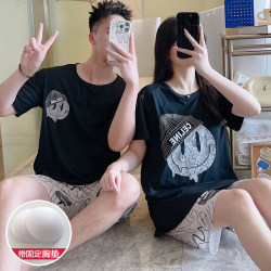 Couple pajamas summer pure cotton short-sleeved suit thin loose large size cartoon hat smiling face young men and women home clothes