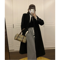 Solid color high-grade hairy suit jacket autumn and winter popular Hepburn style black single-sided woolen coat medium long female