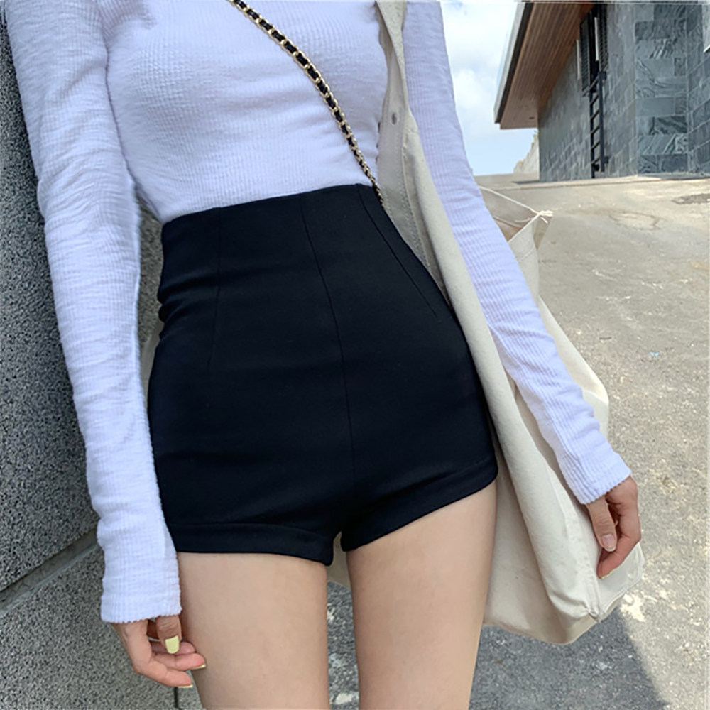 Black casual suit shorts women spring and autumn tight stretch wear hot pants with hip wide legs slim high waist straight pants