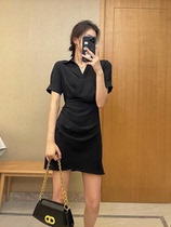 Hepburn style temperament waist dress women 2021 summer dress New V collar slim split skirt small black skirt