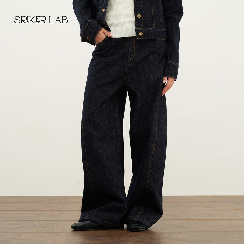 Srikerlab Dark Blue Denim Jeans Unisex Style High-Intelligence Retro Slimming Versatile Loose Fit Long Pants Srikerlab Dark Blue Denim Jeans Unisex Style High-Intelligence Retro Slimming Versatile Loose Fit Long Pants