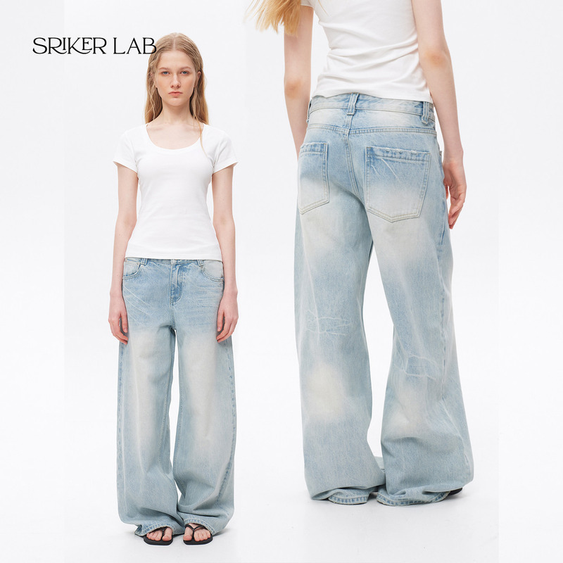 Srikerlab Ice Blue Washed Jeans with Heavy Wash, Crinkled and Distressed, Whiskered and Frayed, Loose Fit, Light Blue Straight-Leg Pants Srikerlab Ice Blue Washed Jeans with Heavy Wash, Crinkled and Distressed, Whiskered and Frayed, Loose Fit, Light Blue Straight-Leg Pants