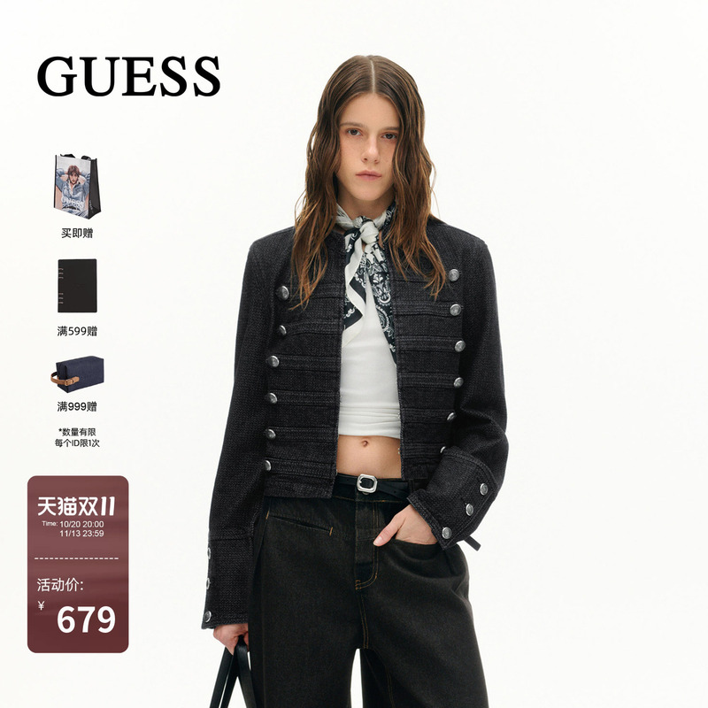 Guess Napoleon Double-Breasted Jacquard Denim Jacket 2026 Autum Women's Retro Casual Short Jacket Guess Napoleon Double-Breasted Jacquard Denim Jacket 2026 Autum Women's Retro Casual Short Jacket