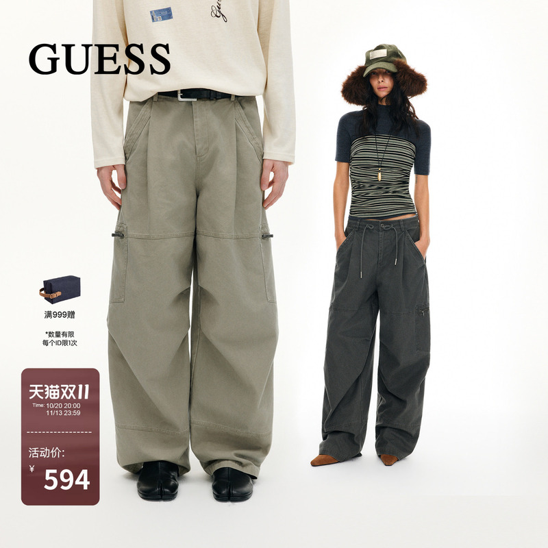 Guess Vintage Distressed Multi-Pocket Cargo Pants 2026 Autumn Unisex Pleated Loose Straight Casual Pants