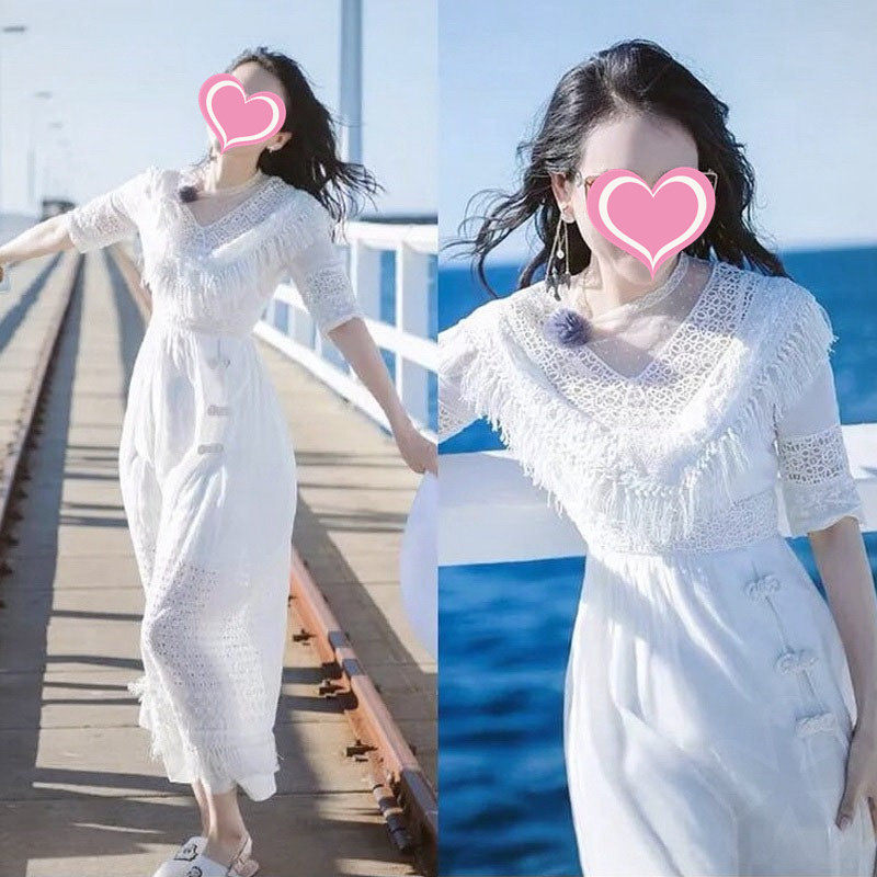 23 Spring and summer new star Zhang Yi Yi Yi Yi - a - sized lace middle - range menu lean vacation dress