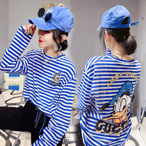 2021 Spring and Summer New Korean Long Sleeve T-shirt Womens Striped Print Cartoon Donald Duck Loose base shirt Top Tide