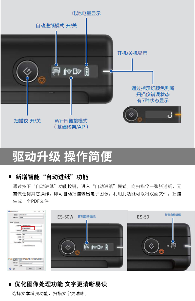 Epson ES50 / ES60W máy quét tài liệu quét thẻ tài liệu HD tốc độ cao hợp đồng văn phòng kinh doanh ánh sáng kinh doanh di động quét giấy tự động - Máy quét máy scan canon lide 120