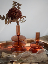 FUDABao|ins Korean style vintage brown glass vase candlestick coffee shop homestay home ornament decorative bottle
