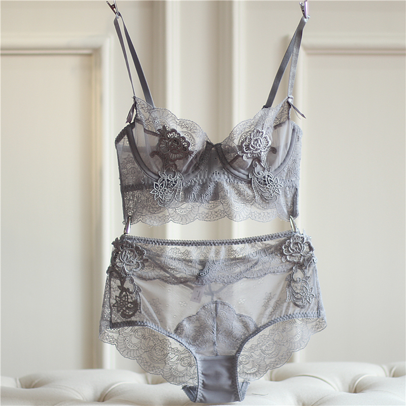 Victoria French-Style Sexy Lingerie for Women, Lace Ultra-Thin Adjustable Bra Set with Side Support and Push-Up Effect, See-Through Bra Set