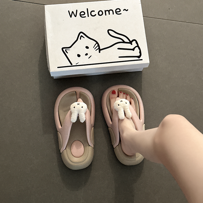 Daily Color-Blocked Cute Cartoon Rabbit Thick-Soled Flip-Flops for Women 2026 Summer Outdoor Casual Cloud-Like Sandals