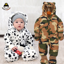 Korean newborn baby plus velvet thickened warm and cold-proof jumpsuit gloves feet baby out clothes autumn and winter