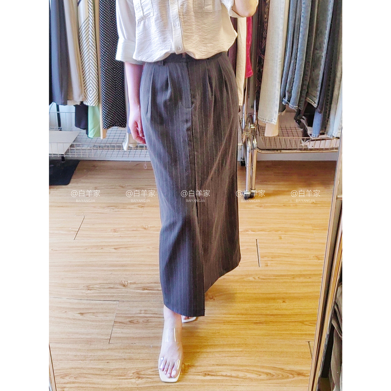 Niche Original High-End Gray Front-Slit Striped Straight-Leg Suit Skirt, French-Style White-Collar Ankle-Length Skirt