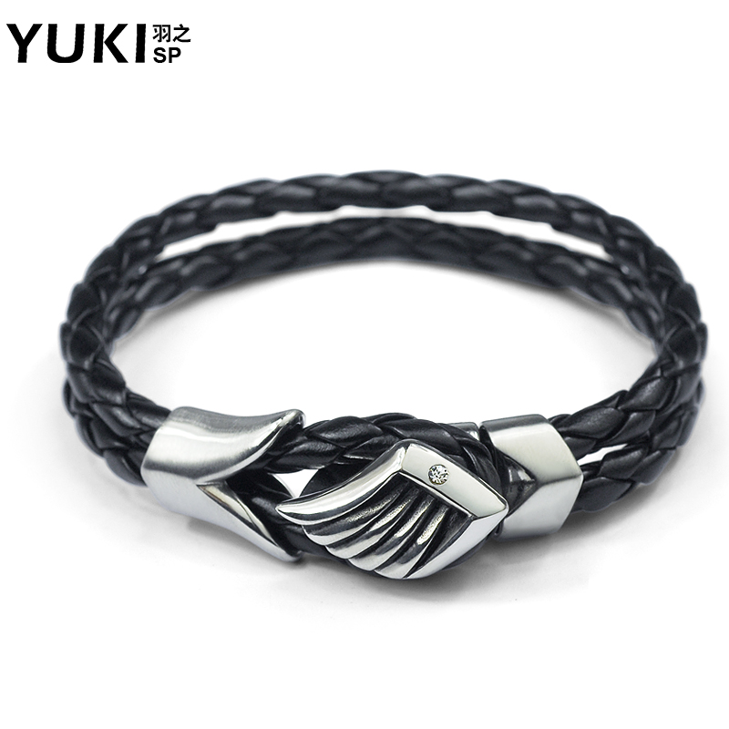 YUKI饰品男士 天使之翼钛钢牛皮制手链潮酷能量皮制手环手饰新款