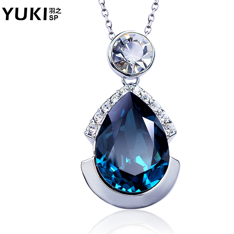 YUKI饰品 女款项链欧美时尚深海蓝水晶原创意短款锁骨链水晶挂坠