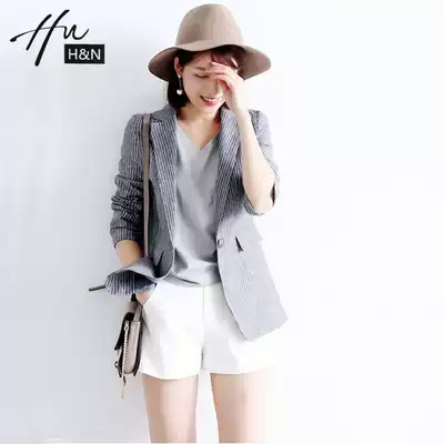 Thin striped chic linen blazer women's Korean version of casual British style slim cotton and linen small suit women's top