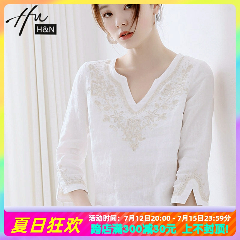 Summer V collar embroidered cotton linen shirt woman design feeling small and light cooked white 70% sleeve loose shirt woman blouse