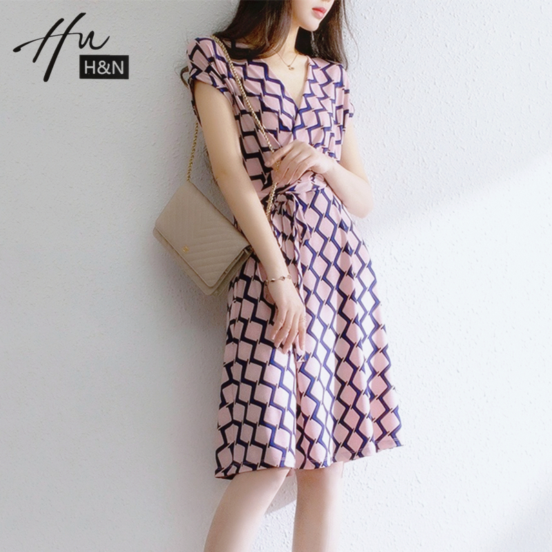 Geometric Printed Ocean Dress 2021 New V collar lacing collection waist display slim medium long version small Temperament Small Skirt