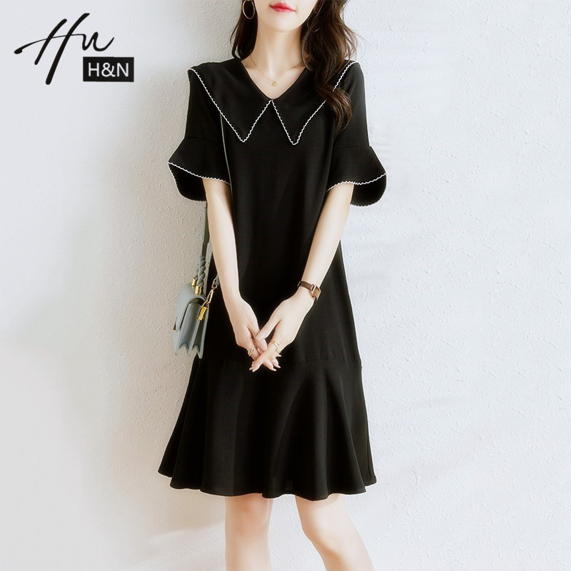 Hepburn style dress women's summer 2022 new Korean version loose cover belly thin casual plus size temperament small black skirt